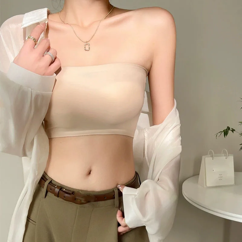 One Piece Sexy Tube Tops Women Strapless Removable Chest Cushion Push Up Bra Basic Black White Skin Ice Silk Thin Seamless Bra - view 2