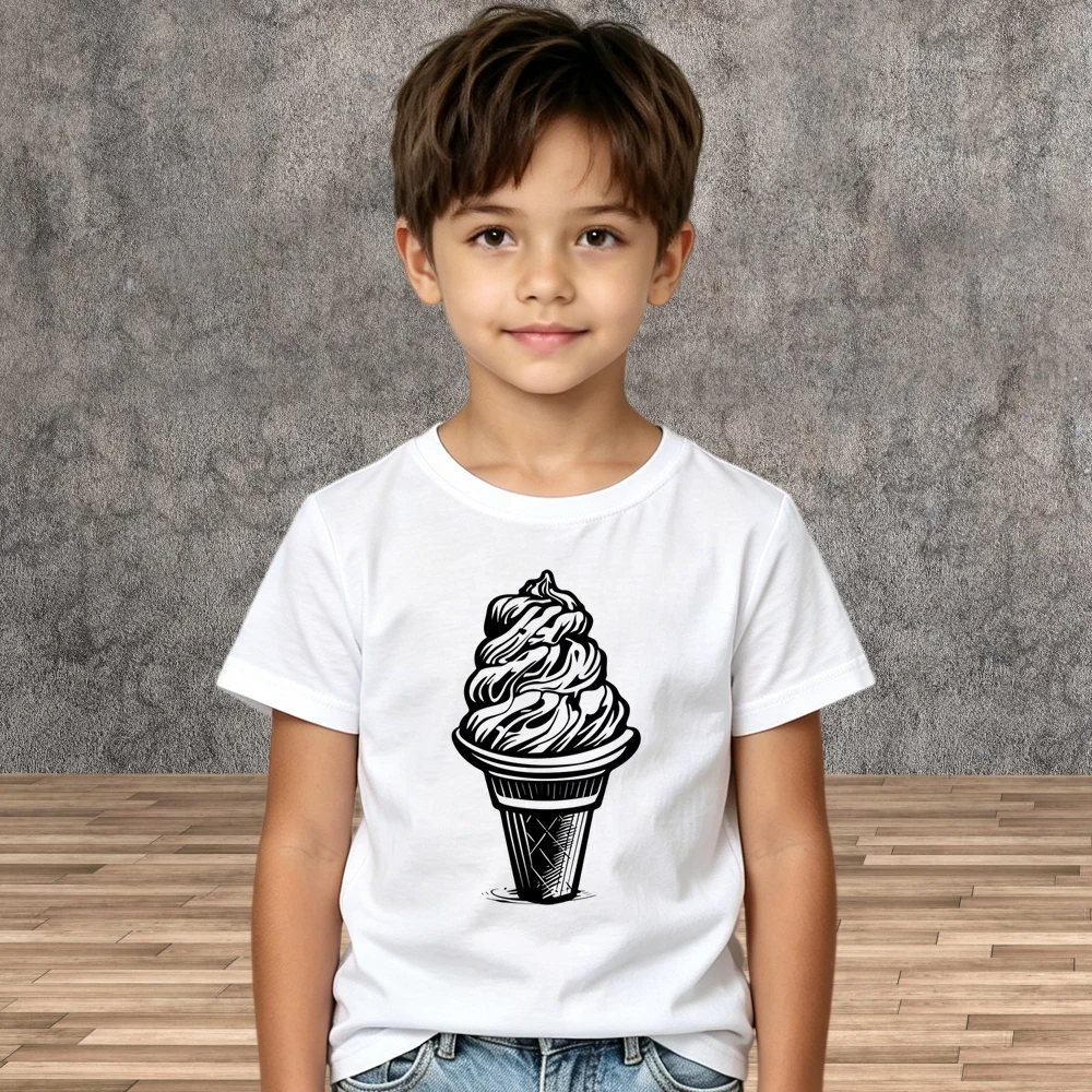 Summer Kids Cotton Tees Cute Cartoon Ice Cream Print T-shirt Boys Girls Crew Neck Soft Short Sleeve Daily Shirts Children