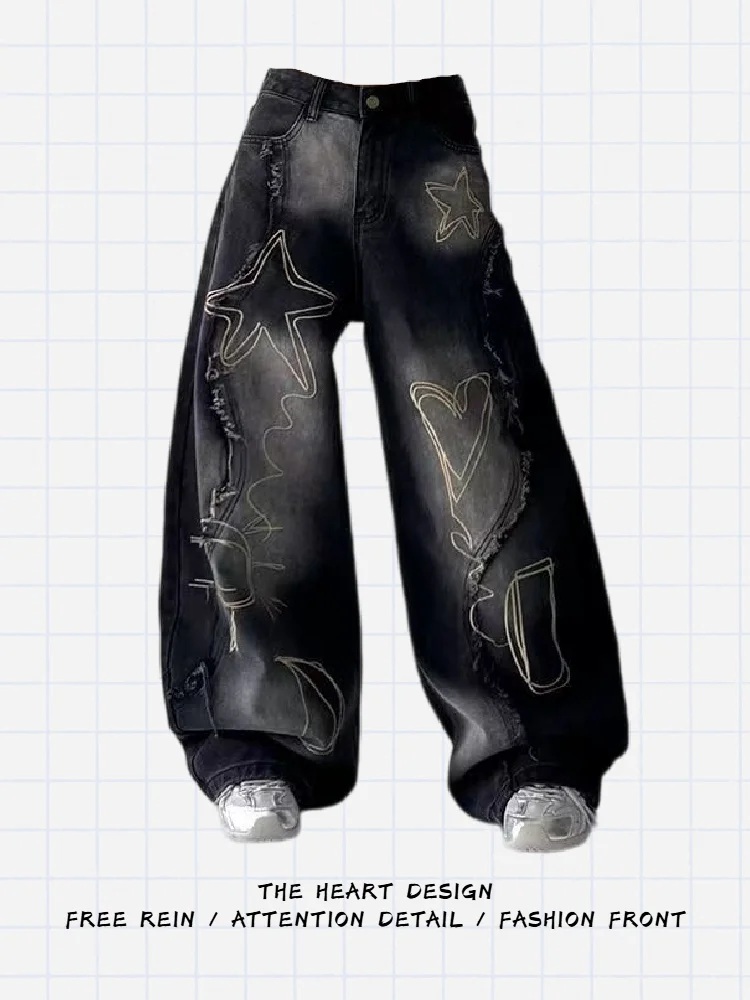 

American High Street Waed Embroidered Wide Leg Jeans Women Loose High Waist Sweet Cool Versatile Design Sense Knife Fl...