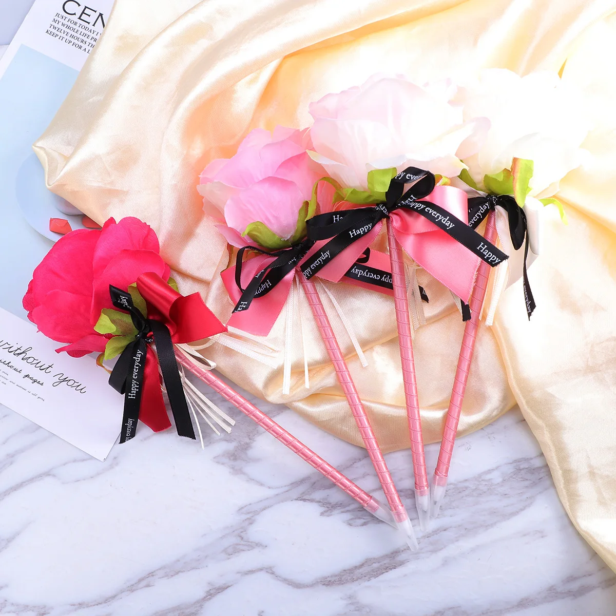 

5Pcs Peony Flower Ballpoint Pens Ribbon Twisted Plastic Cute Pens for School Office Gifts Fancy Decorative Stationery Creative