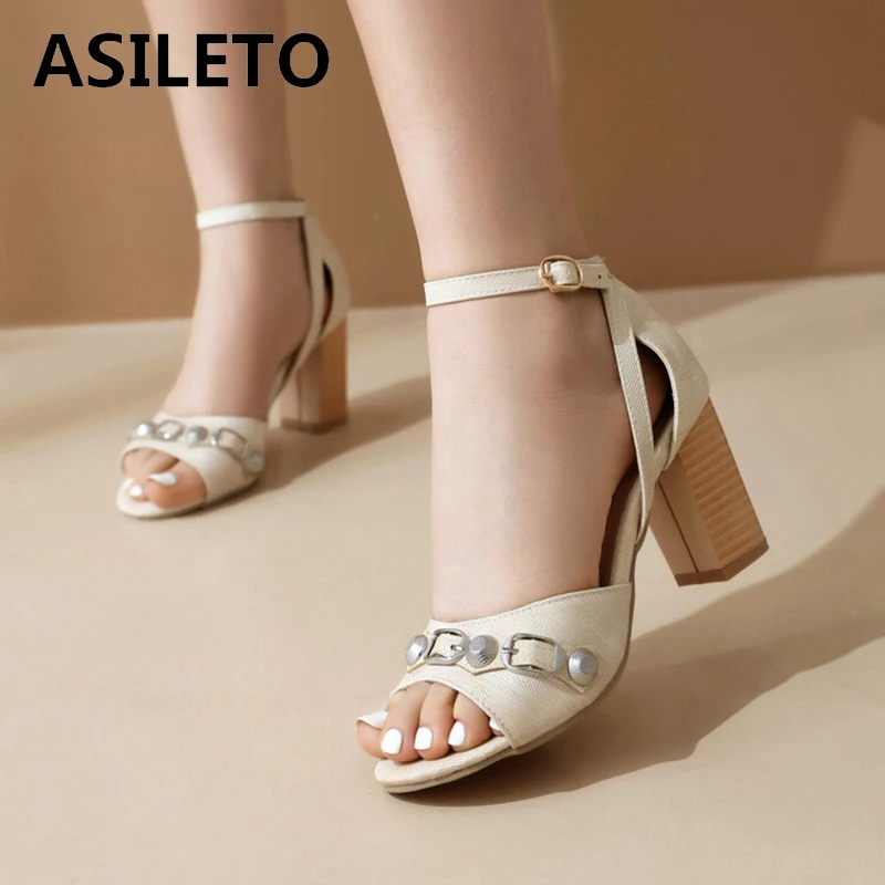 ASILETO 2024 New Peep Toe Women Sandals 7.5cm Block Heel Ankle Buckle Big Size 45 46 47 48 Party Dress Dress Black White Blue