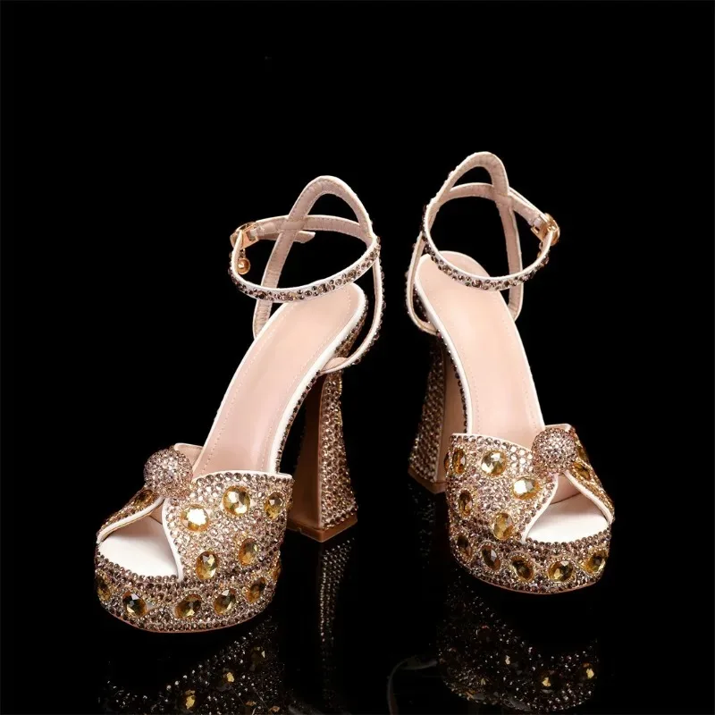 Women's High-heeled Sandals 14CM Rhinestone Peep Toe Sandals Women Summer Elegant High Heels Crystal Wedding Banquet Bridal Shoe