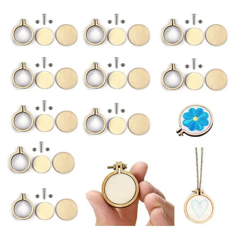 10 Pcs/Set 2.5-5cm Wooden Mini Embroidery Hoop Ring Cross Stitch Frame Handmade Pendant Crafts Embroidery Circle Sewing Kit