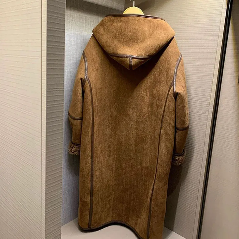 2026 Women's Double-Sided Lamb Fur Coat Winter Hooded Single Breasted Vintage Brown Long Overcoat Casual Loose Fashion Outerwear
