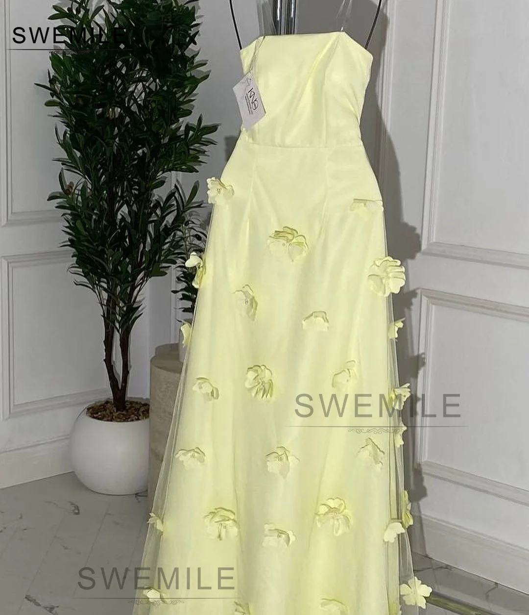 SWEMILE A-Line Strapless Long Dress Hand-Made Flowers Evening Dress Floor-Length Wedding Party Dress Vestidos Para Eventos