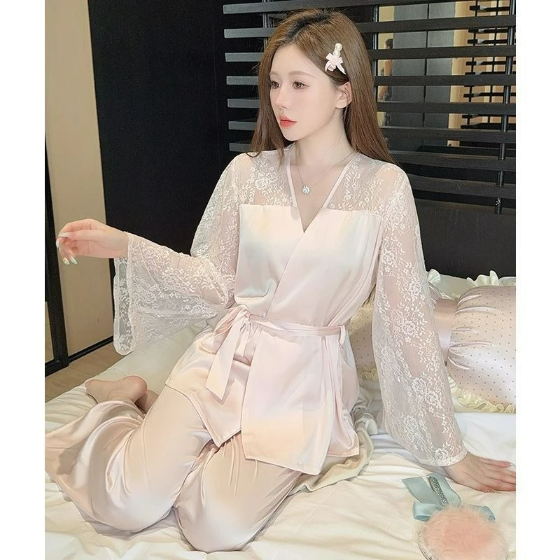 Lace V-neck Pajamas for Women 2026 Spring Autumn New Fashion Ice Silk Long-sleeved Thin Women Sweet Sexy Two-piece Sets