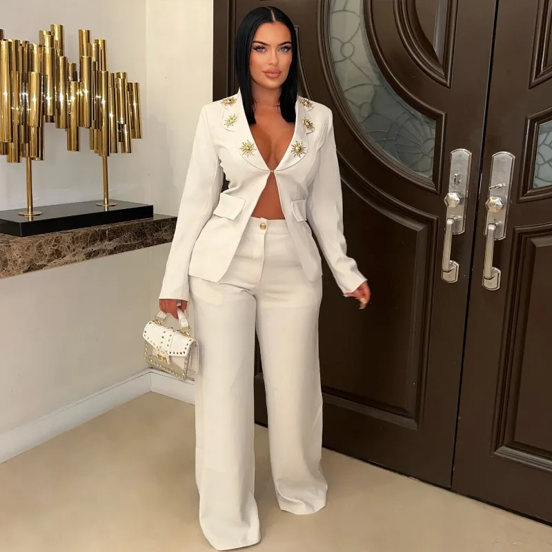 

KEXU Elegant Commuting Colorblock Double Lapel Blazer and Long Pants Sets OL Women Fall Winter Two-Piece Set