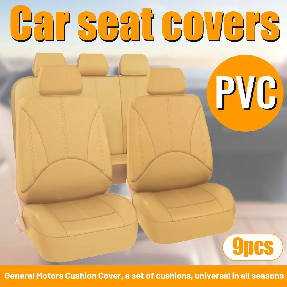 

9pcs Universal Car Seat Cover PVC Leather Breathable Waterproof Full Set For SUV Sedan Truck Beige Protector Compatible Airbag