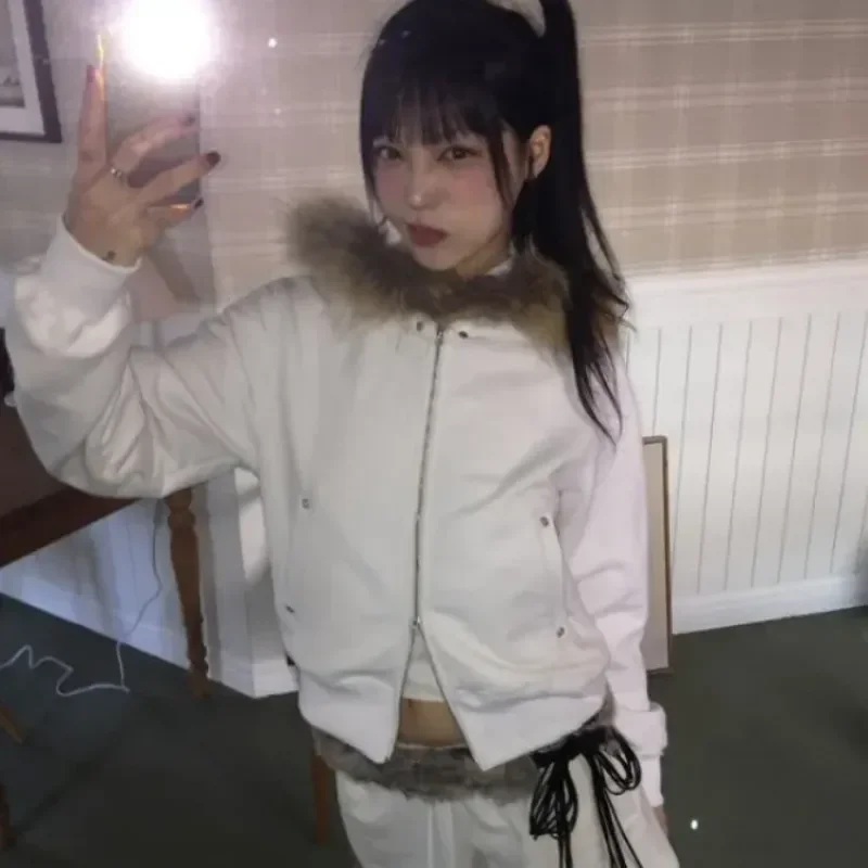 

American Style Fluffy Hoodie Sweatshirts Spring Autumn New Loose Zipper Tops Women Y2k Grunge Long Sleeve Sweatshirt Mujer