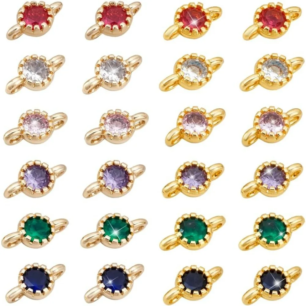 

24pcs 8 Colors Cubic Zirconia Charms Flat Round Link Pendant 9x5mm Brass Rhinestone Charms Pendant Connecters