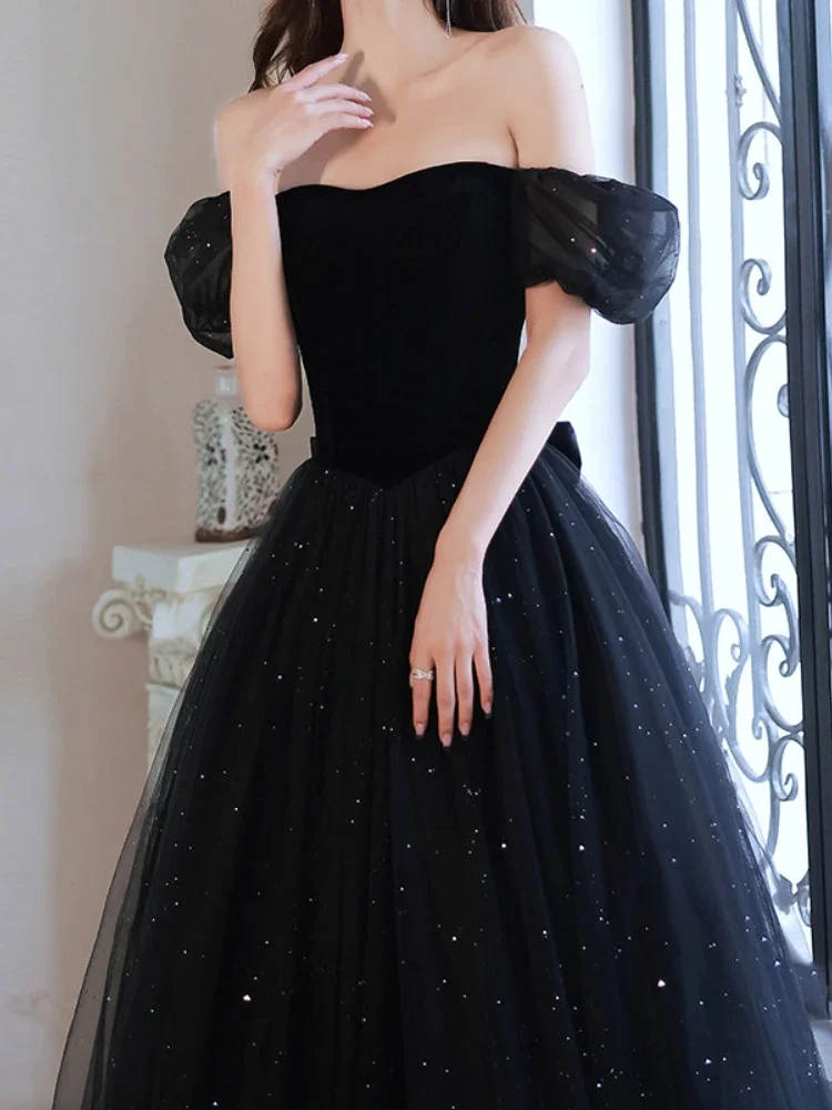 Customized Draped Black Square Collar Women Evening Dress Puff Sleeve Boat Neck Cross Lace Up Prom Dresses Tiered Party Femme Ve