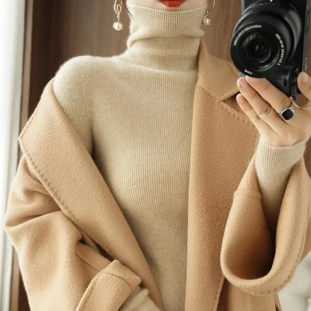 

Women Fall Winter Sweater Turtleneck Neck Protection Pullover Top Knitted Solid Color Soft Elastic Long Sleeve Warm Lady Sweater