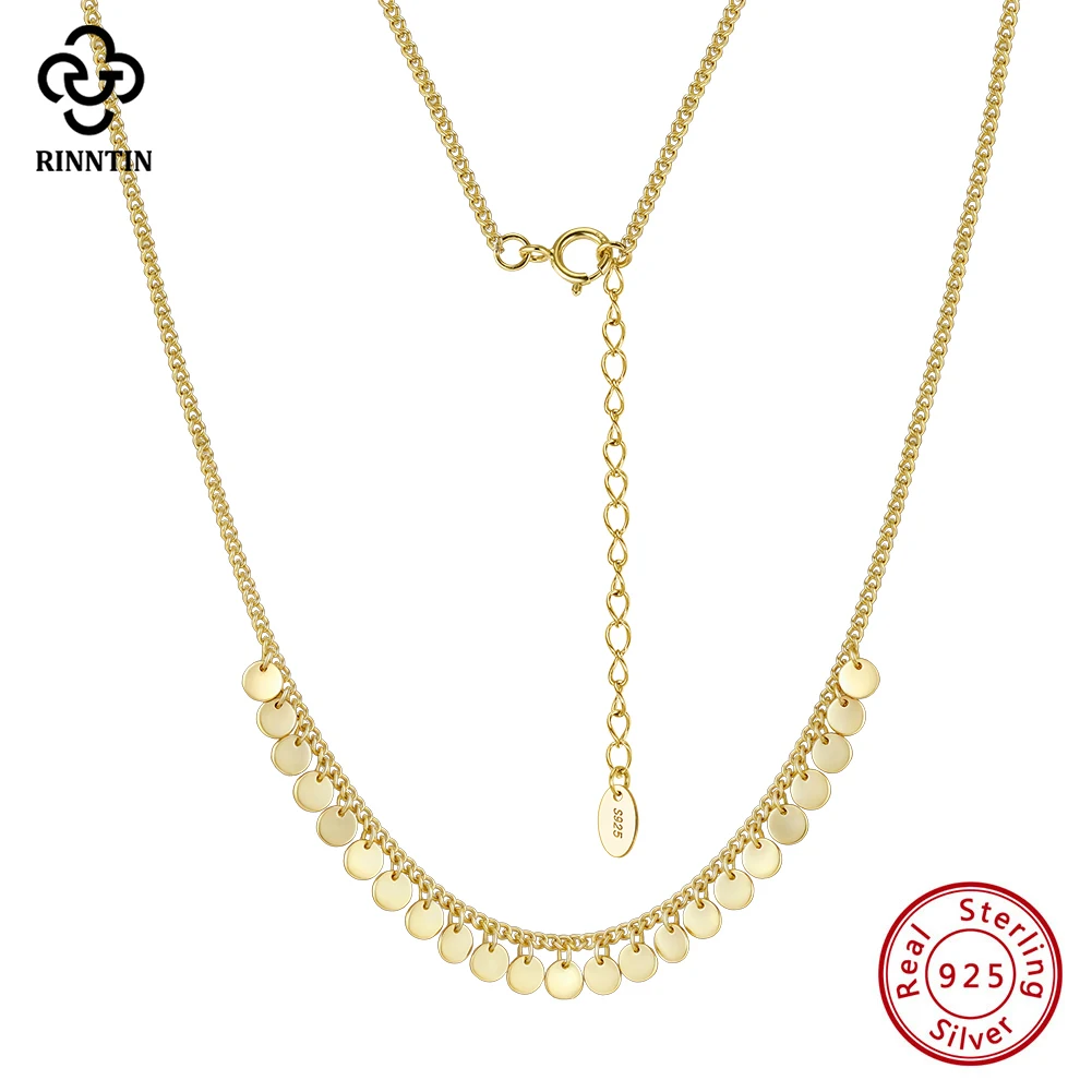 Rinntin 925 Silver Sequin Chains Glitter Necklace Women Aesthetic Tassel Necklace Pendant Chain Coin Choker Neck Jewelry GAN13