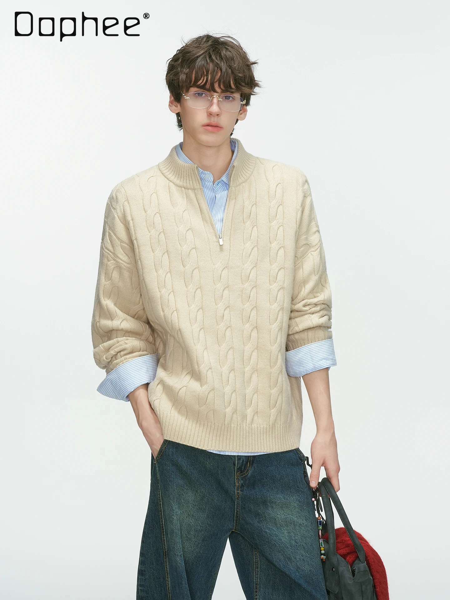 

2025 Autumn Winter New Half-Zip Cable Knit Gray Black Sweater Men's Loose Casual Khaki Coffee Color Long Sleeve Knitwear