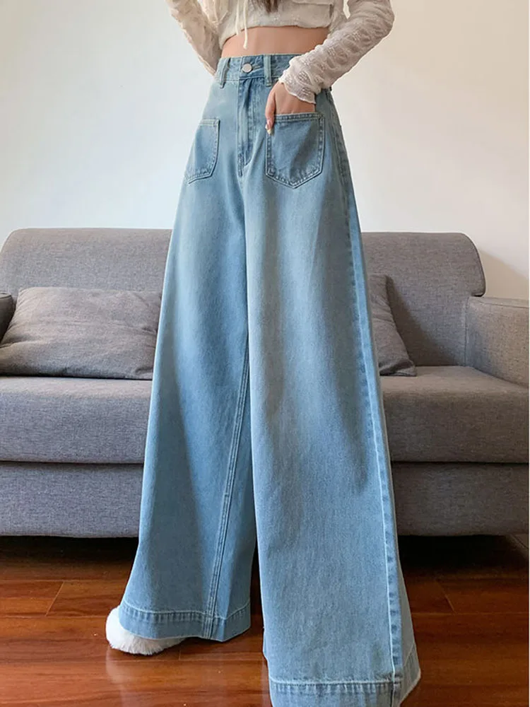 Szerokie jeansy damskie vintage z wysokim stanem, luźne spodnie dżinsowe oversize w stylu koreańskim, modne, proste, retro, vaqueros.