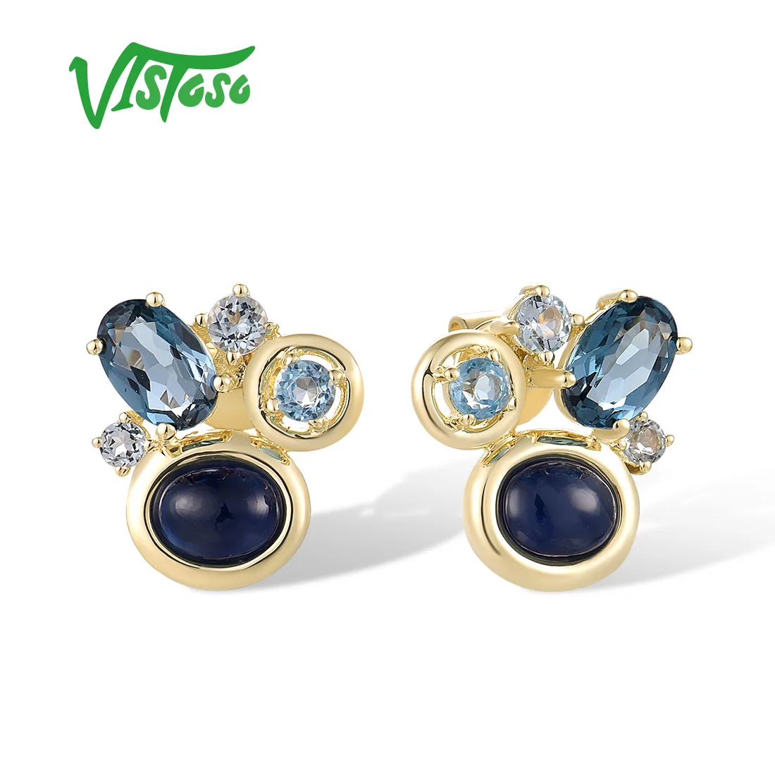 VISTOSO Authentic 14K 585 Yellow Gold Stud Earrings For Women Sparkling Natural Sapphire Blue Topaz Bubble Fine Chic Jewelry