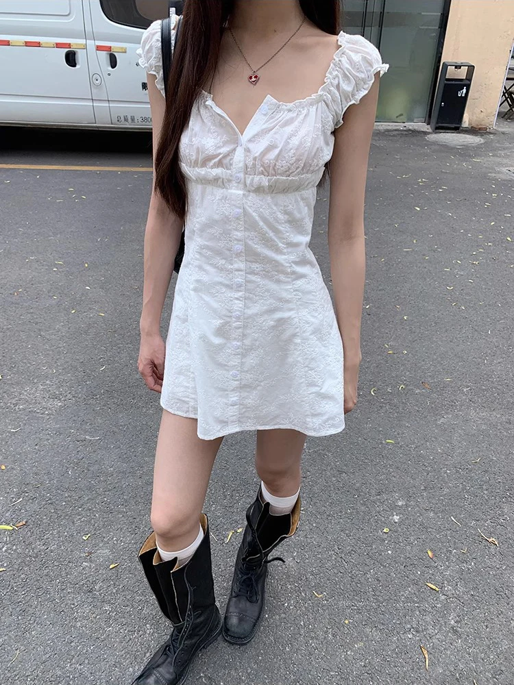 ReddaChic-minivestido Floral bordado de dos vías para mujer, vestido blanco de verano con mangas abullonadas, corte en A, abotonado, de una pieza, para salir