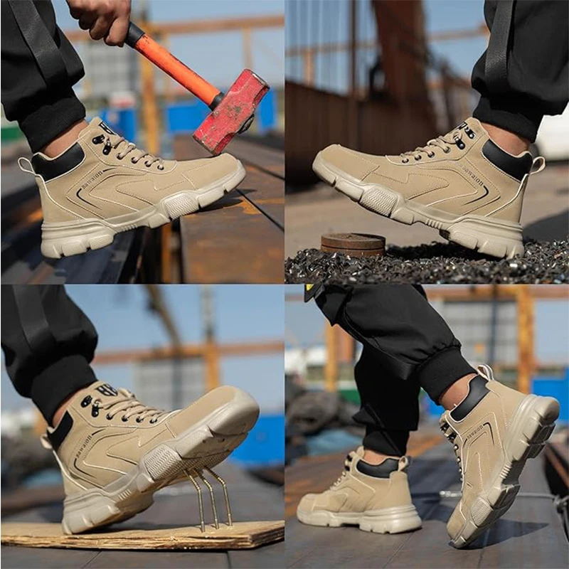 Unisex Brown High-top PU Water Repellent Lightweight Anti-smash Anti-puncture Comfortable Wear Resistant Industrial Construction Work Safety Boots view 7