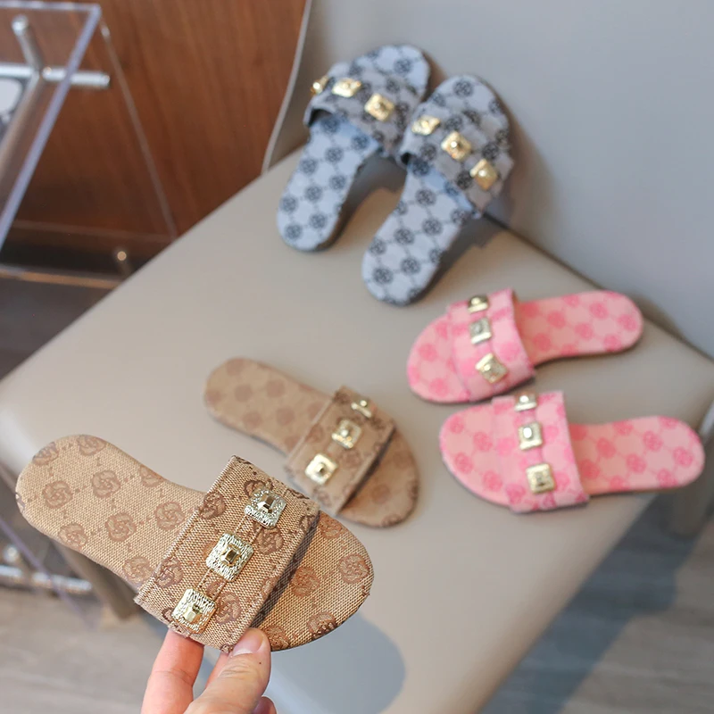 Girls' Metal Decorative Outdoor Wear Flat-bottomed Open-toed Slippers Summer Fashion Print Decorative Non-slip Casual Slippers