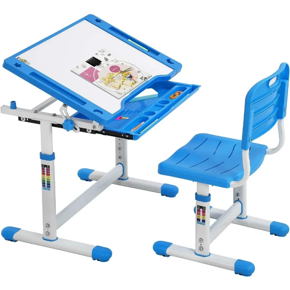 

Kids Desk and Chair Set, Height Adjustable Multifunctional Student Study Desk Kids Art Table Children's Chair Set with Storage