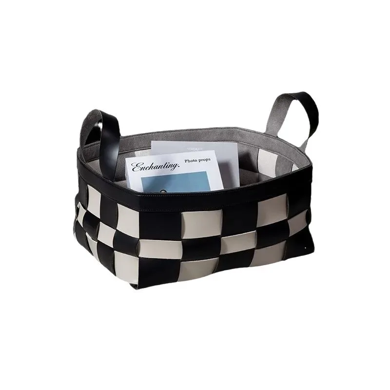 Handwoven leather storage basket, light luxury high-end modern checkerboard pattern storage basket