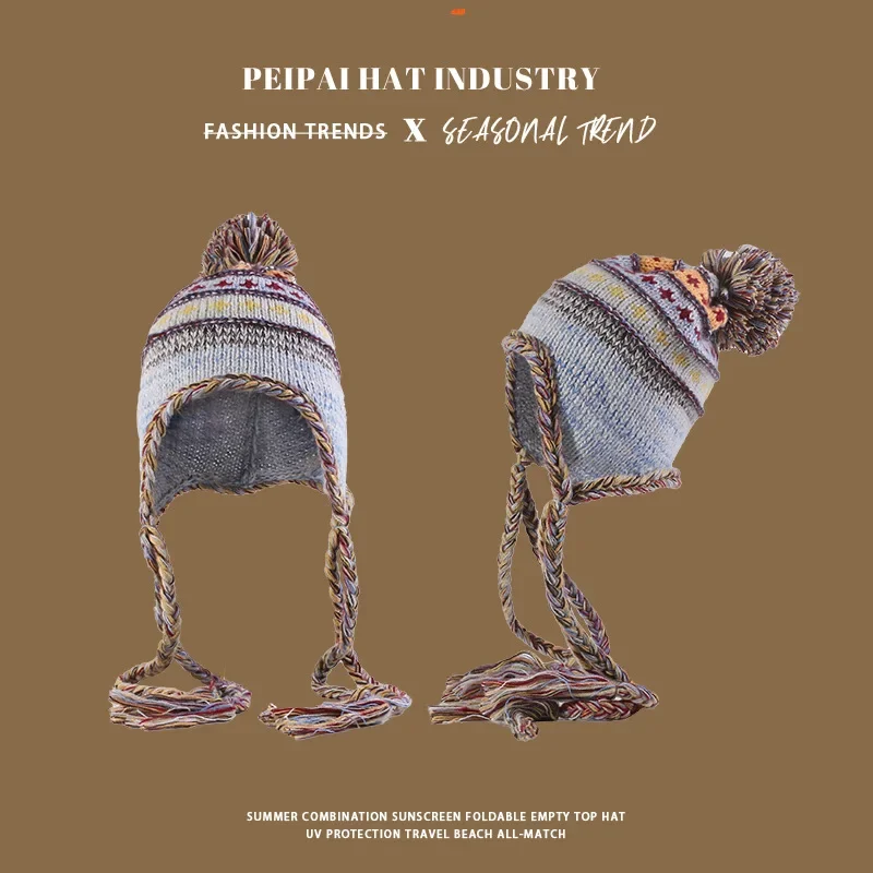 Vintage Knitted Wool Hat Female Ethnic Style Fringed Braids Ear Protection Pullover Hat Warm and Cold Cycling Knitted Bomber Hat