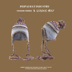 Vintage Knitted Wool Hat Female Ethnic Style Fringed Braids Ear Protection Pullover Hat Warm and Cold Cycling Knitted Bomber Hat