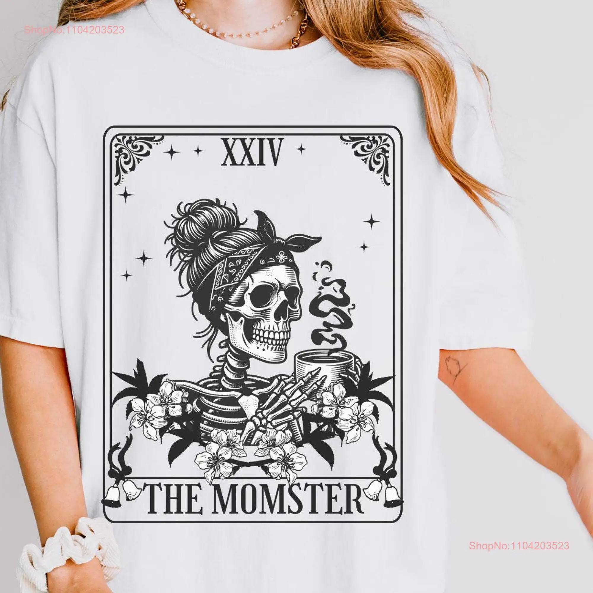 The Momster Tarot Card Comfort Color black white halloween mom shirt skeleton drinking coffee T for women funny tee