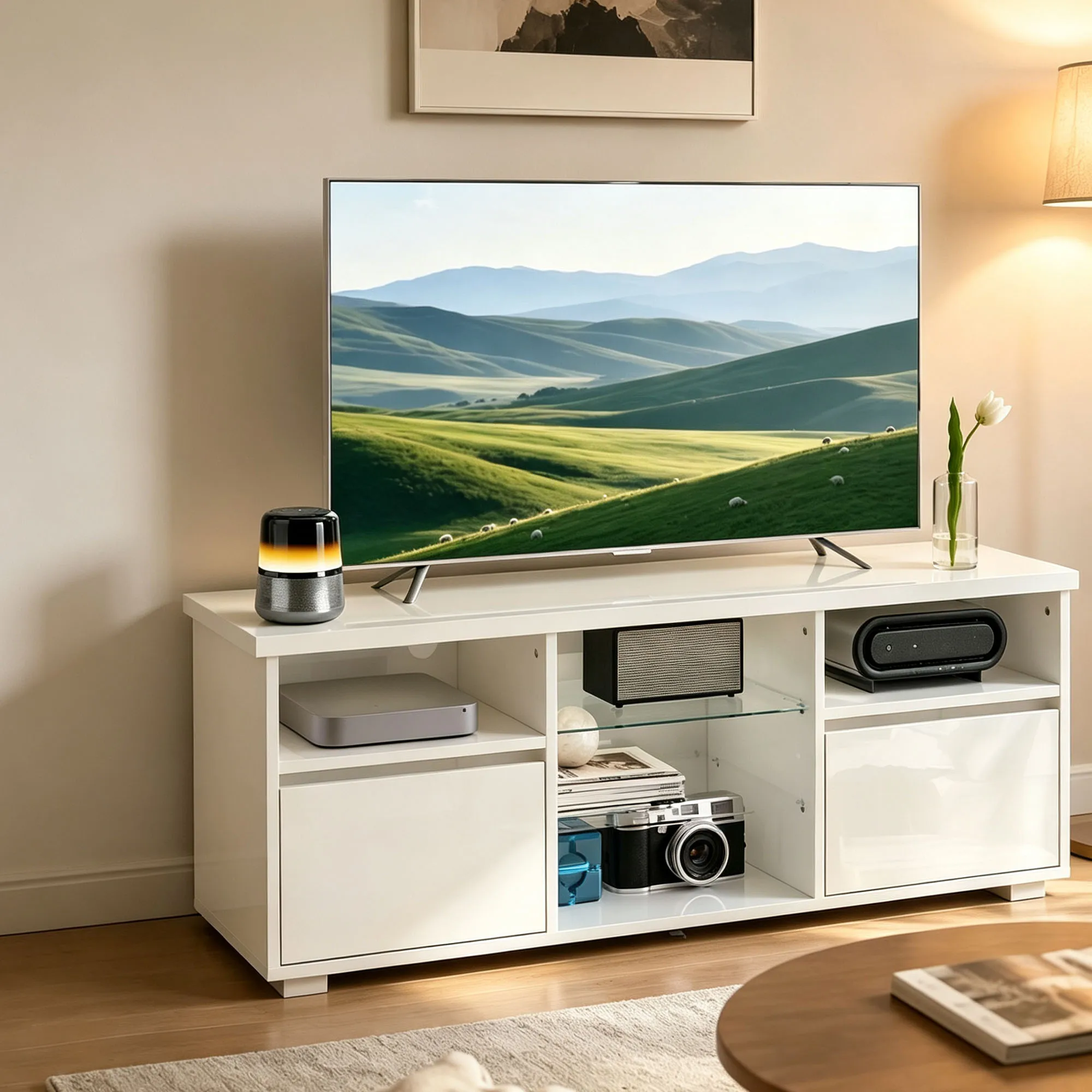 Meuble TV 120 cm, meuble télé pour téléviseur jusqu'à 55 pouces, éclairage LED et télécommande, étagères en verre blanc. Il crée une zone de rangement pour appareils multimédias bien organisée pour les besoins quotidiens de visionnage et de divertissement de la famille.