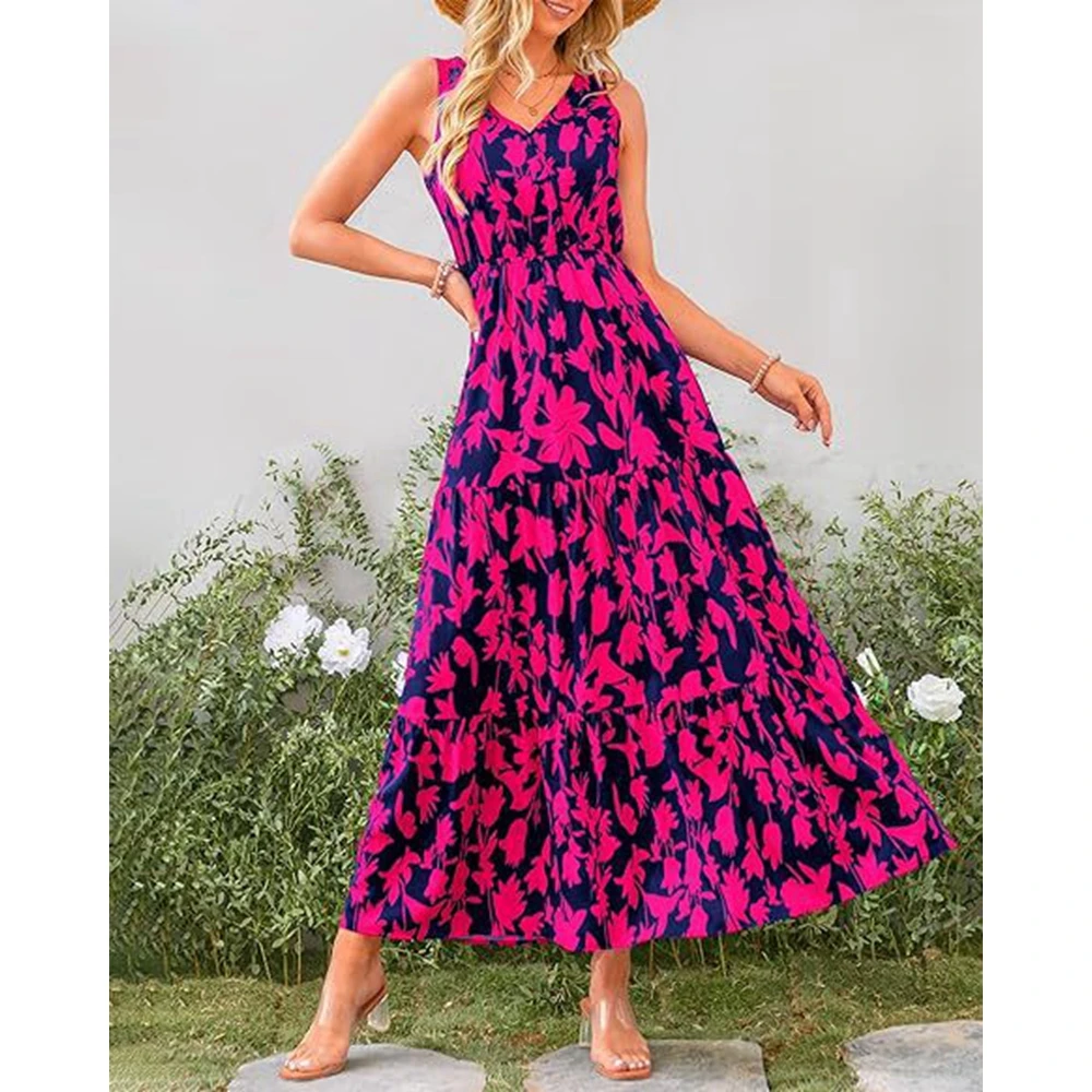 

Women Floral Print Sleeveless Slim Waist Maxi Dress Summer Casual Beach Dress Holiday V Neck Elegant Party Dress Woman Clothes