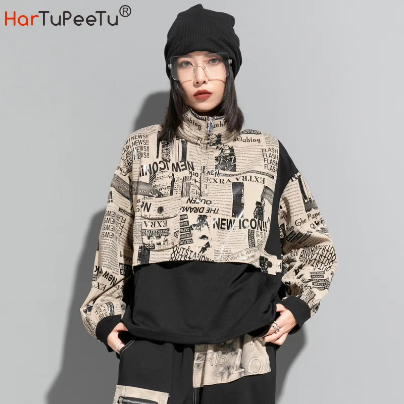 

Fashion Sweatshirts Women Fall Loose Hoodie Cotton Newspaper Print Drawstring Hem Patchwork Stand Collar Pullover Top Streetwear