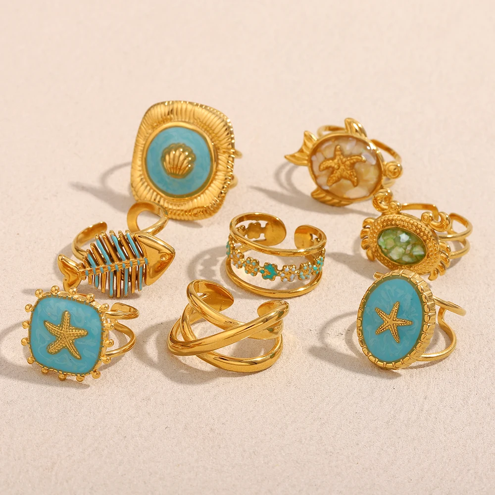 E.B.belle Gold Color Drop Oil Square Scallop Starfish Crab Flower For Women Girls Fashion Finger Jewelry