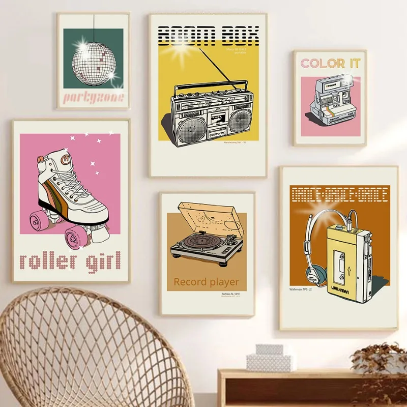 Retro Record Player Posters 80s Instant Camera Walkman Boombox Prints Canvas Painting Wall Art Pictures Cafe Bedroom Home Decor