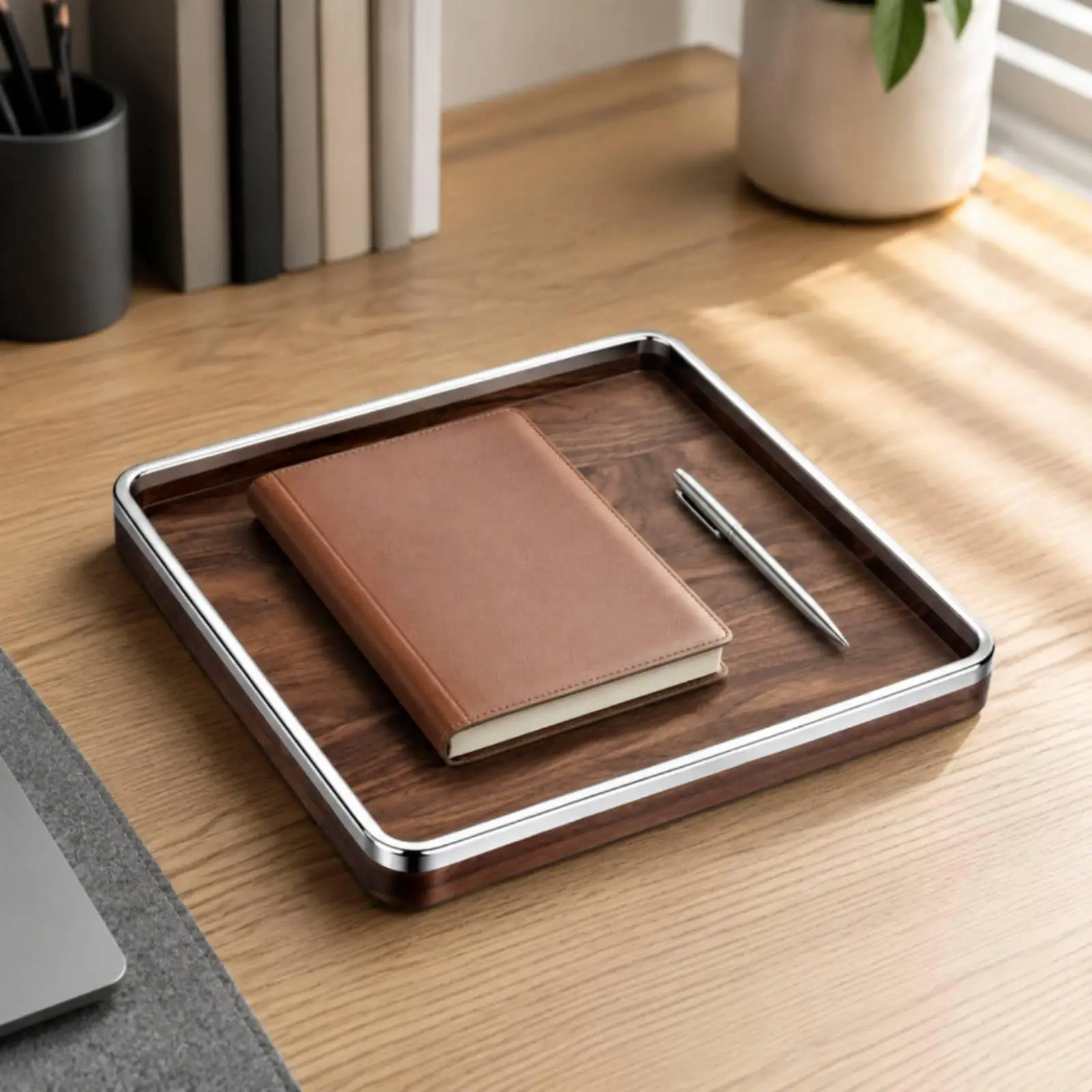 Square Serving Tray Elegant Wood and Stainless Steel Tray Food for Tea Service, Entertaining, Coffee Table