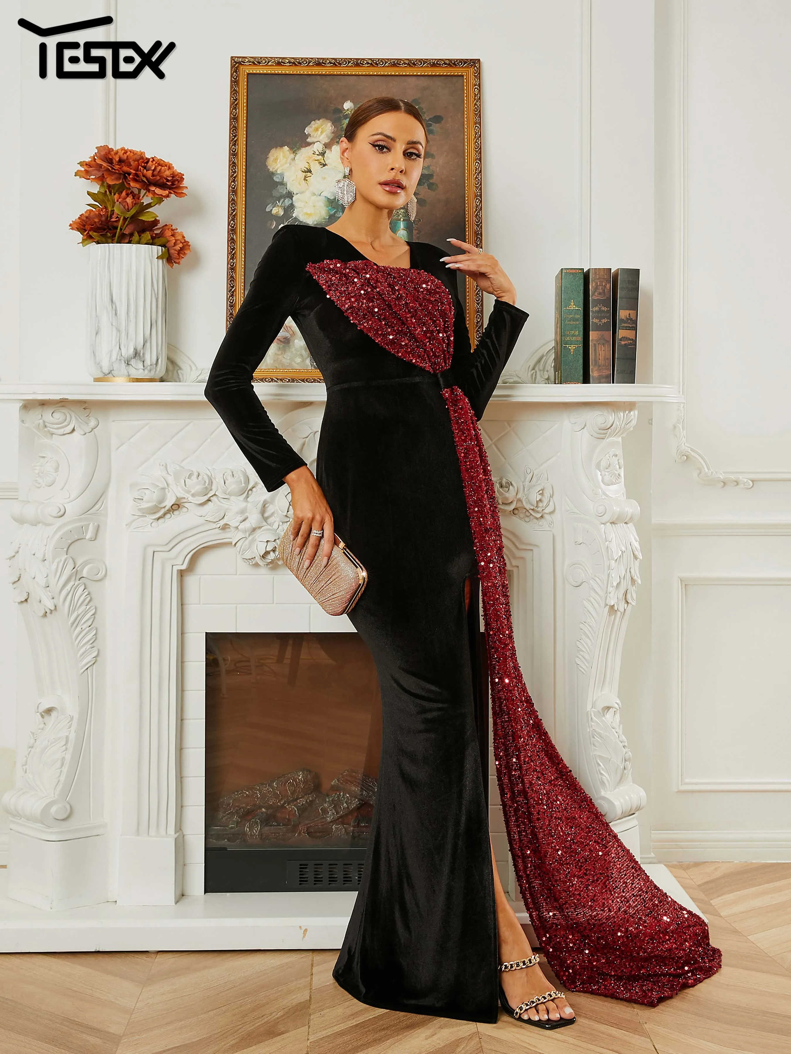 Yesexy Chic Elegant Woman Dress Formal Draped Velvet Black Split Evening Cocktail Prom Dress