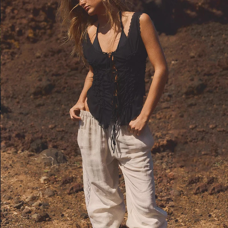 

Spring 2025 Women's Faion Ele Knot Folded Top Street Sle Vest Pure Color Polyester Fiber Regular Length