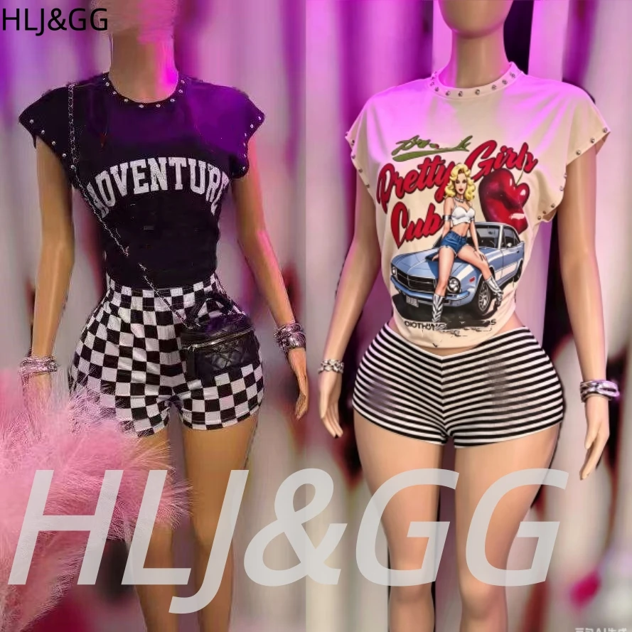 HLJ&GG Trend Y2K Pattern Letter Rivet Tshirts Two Piece Sets Women O Neck Sleeveless Top And Shorts Outfits Fashion Streetwear
