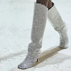 Silver Rhinestone Square Toe Runway Boots Slip On Women Shoes Thin High Heels New Party Banquet Dating 2024 Zapatos Para Mujere
