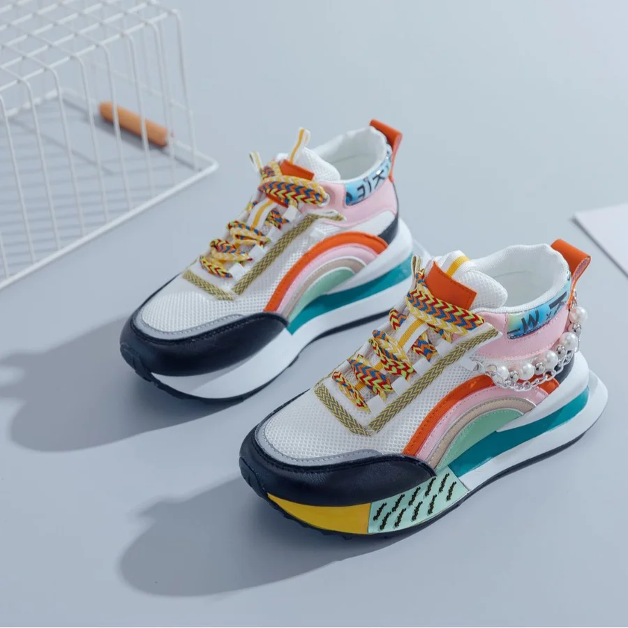 Trendy Pearl Platform Dad Shoes Niche Fashion Rainbow High Top Sneakers Popular Versatile Outdoor Sports Casual Walking Shoes