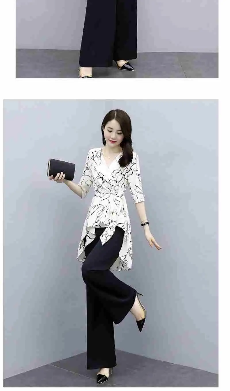 Damen-Freizeitanzug, Sommer, neues zweiteiliges Set, 2025, modisch, weites Bein, lange Hose, halbe Ärmel, Oberteil, koreanischer Stil, bedruckt, Büro-Outfits – Detail 6