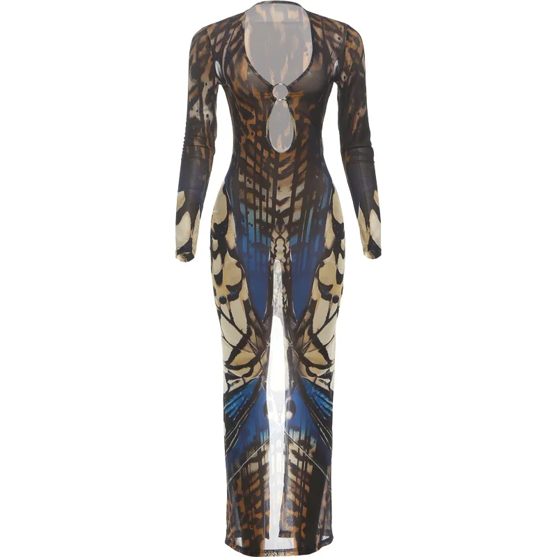 Butterfly Print Dress Woman Metal Ring Hollow Low-Neck Full Sleeve Splits Robe Midnight Elegant Sexy Faashion Vestidos