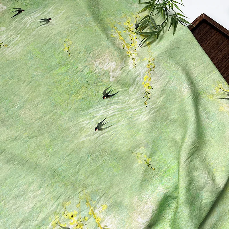 1 Meter Green Spring Willow Swallow Digital Print Fabric Soft Breathable Chinese Style Qipao Dress Top Hanfu DIY Craft Material