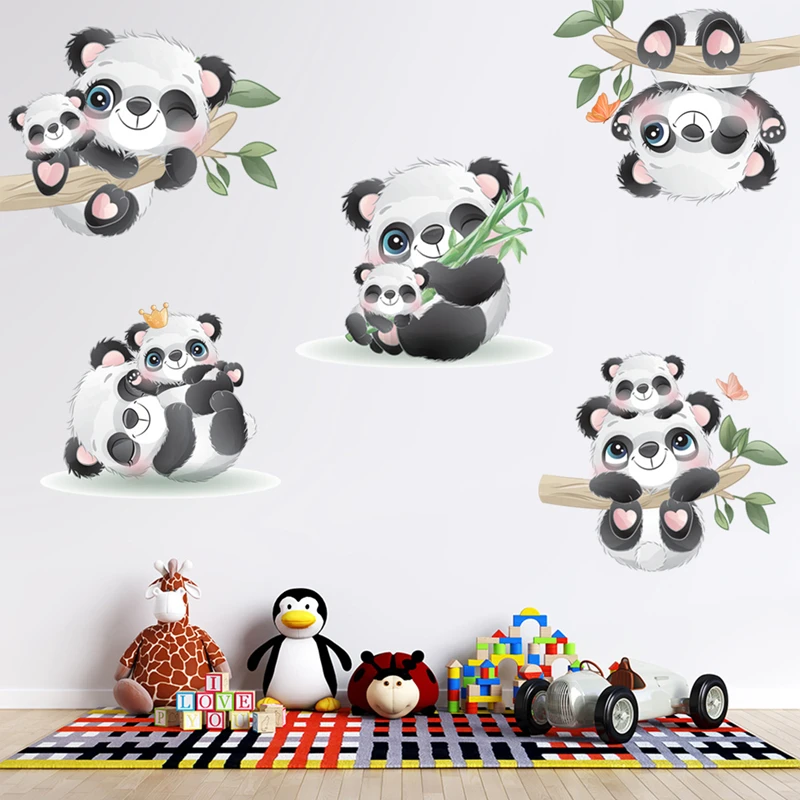 Cute Parent-child Panda Pandas Bamboo Branch Vinyl Wall Art Stickers Home Decoration for Kids Rooms Cartoon Painted Wallpaper