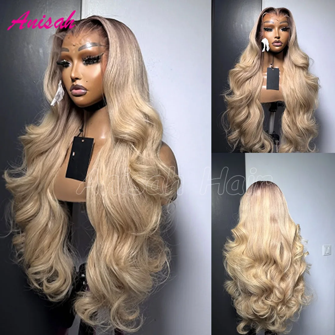 Blonde Ombre Colored Lace Frontal Body Wave Human Hair Wigs With Baby Hair Dark Roots Blonde Glueless Wigs With Pre Plucked