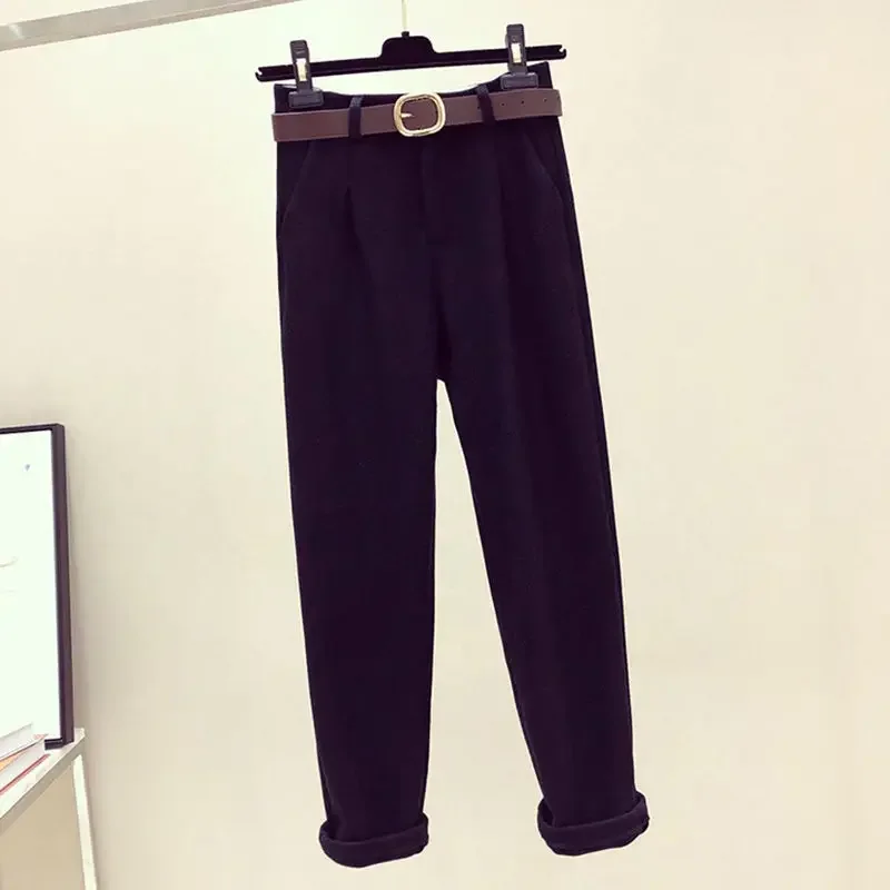 Jacket Blazer Flocked Casual Pants Two-piece Elegant Women\'s Office Pants Suit Korean Style Belt Decoration Vintage Waist Origin