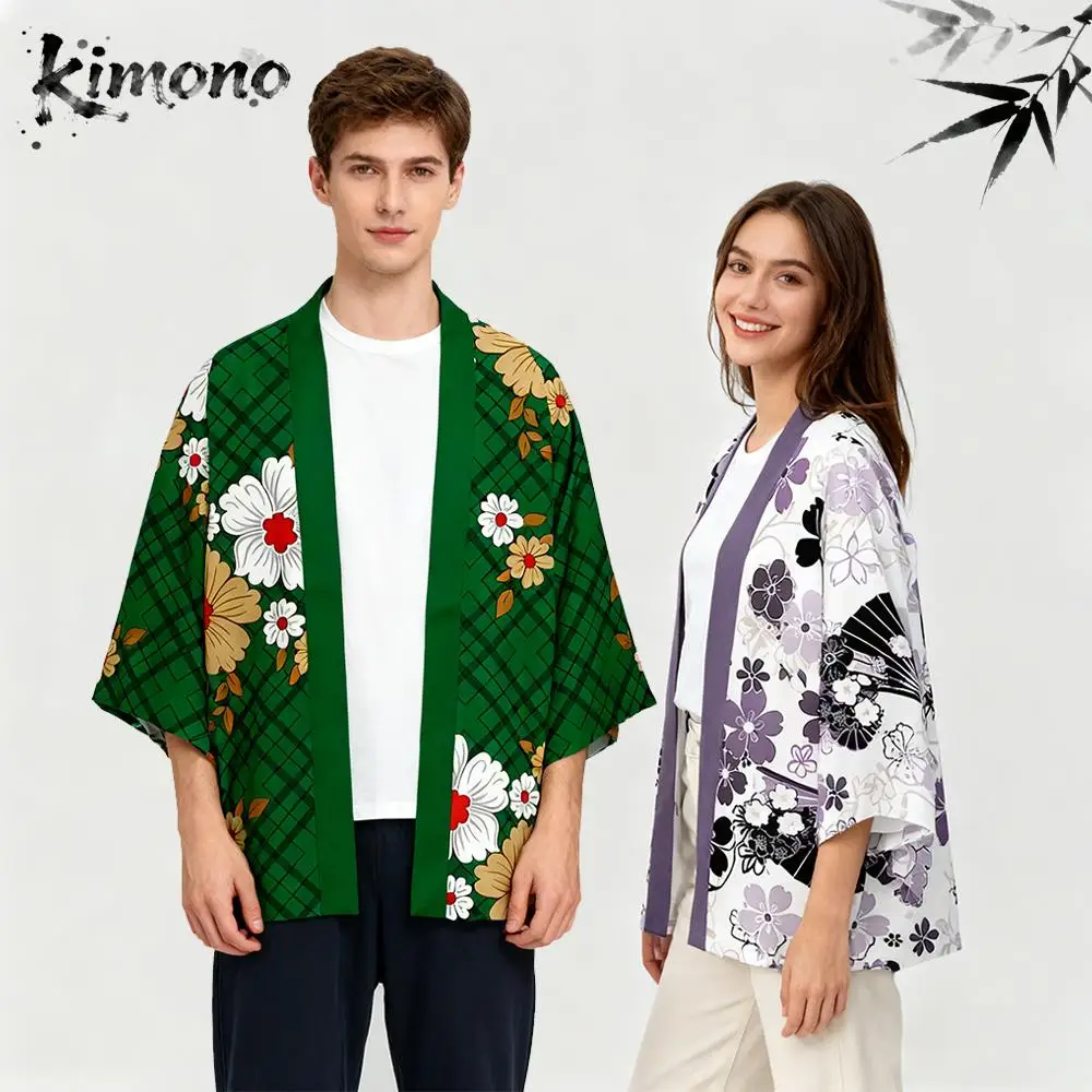 Floral And Checkered Pattern Kimono Fashion Unisex Japanese Traditional Clothing Street Style Fashion Loose Casual Cardigan