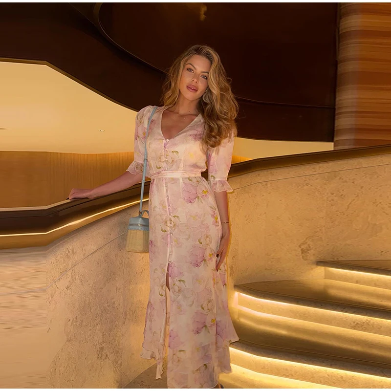 Elegant Ruffle Women's Long Dresses V Neck Half Sleeve Button Waist Cinching Pleated Dress 2026 Spring Lady Fashion Party Robes