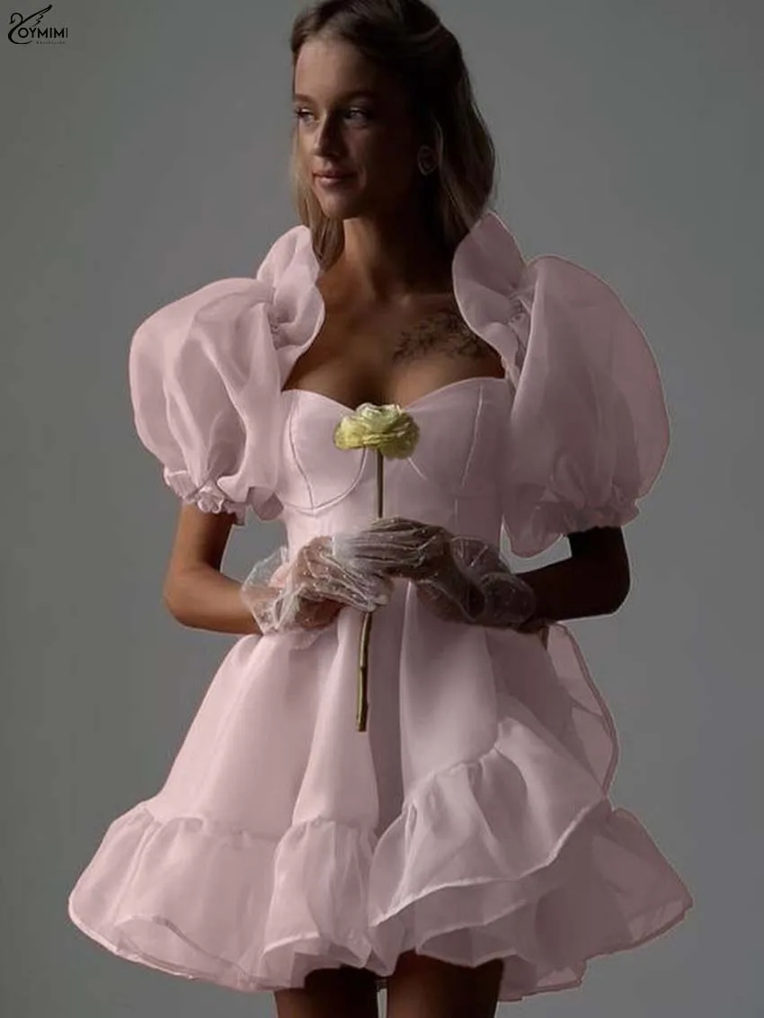 

Oymimi Fashion Pink Mesh Women's Dress Autumn Puff Sleeve Open Back Zipper Dresses Casual High Waist Zipper Pleated Mini Dresses