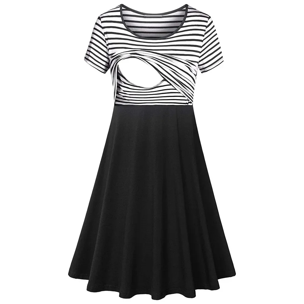 European and American summer new striped plus size maternity dress round neck solid color nursing dress