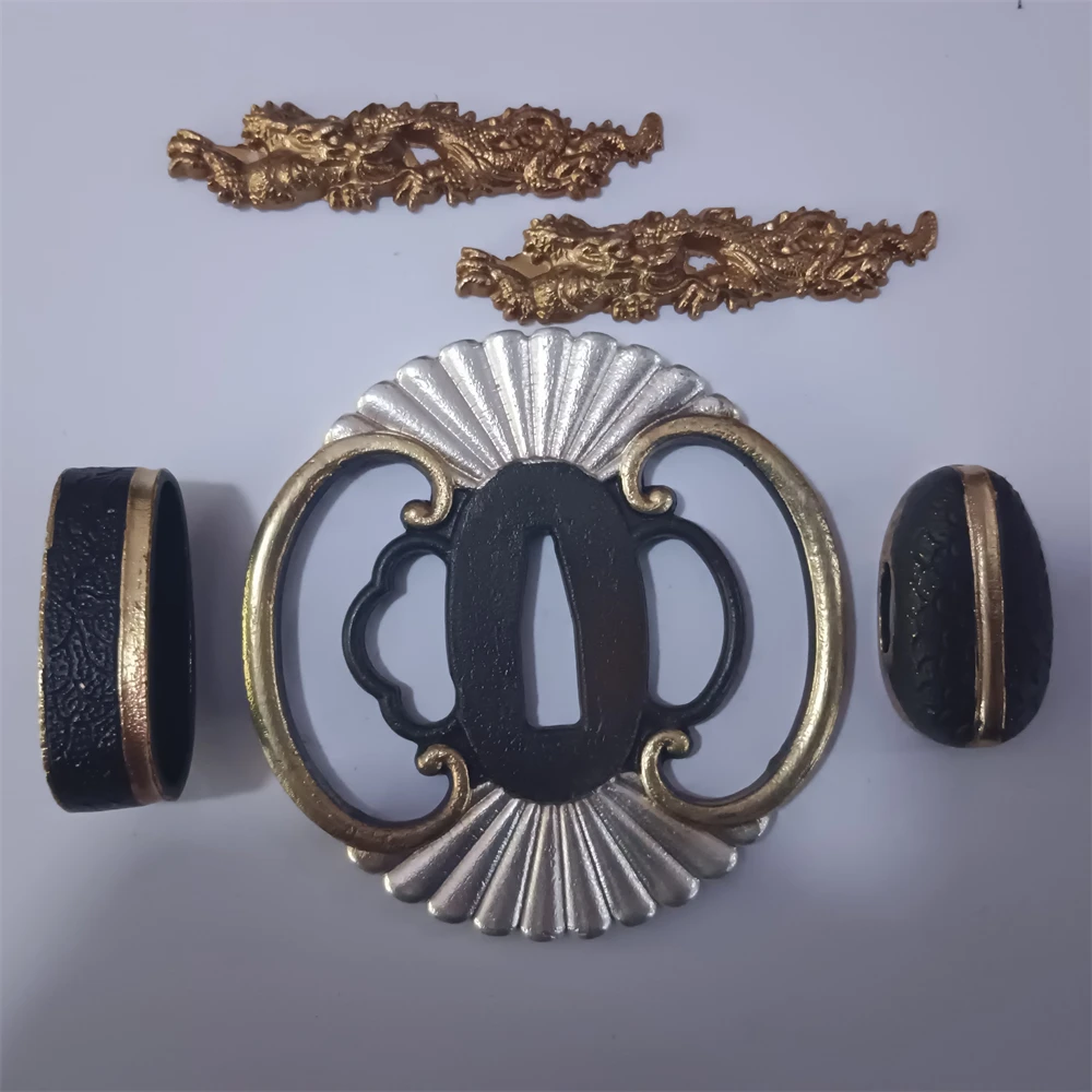 A Set Brass Carved Tsuba Fuchi Kashira Menuki Fittings Plated With Gold Silver For Japanese Sword Katana Accessories